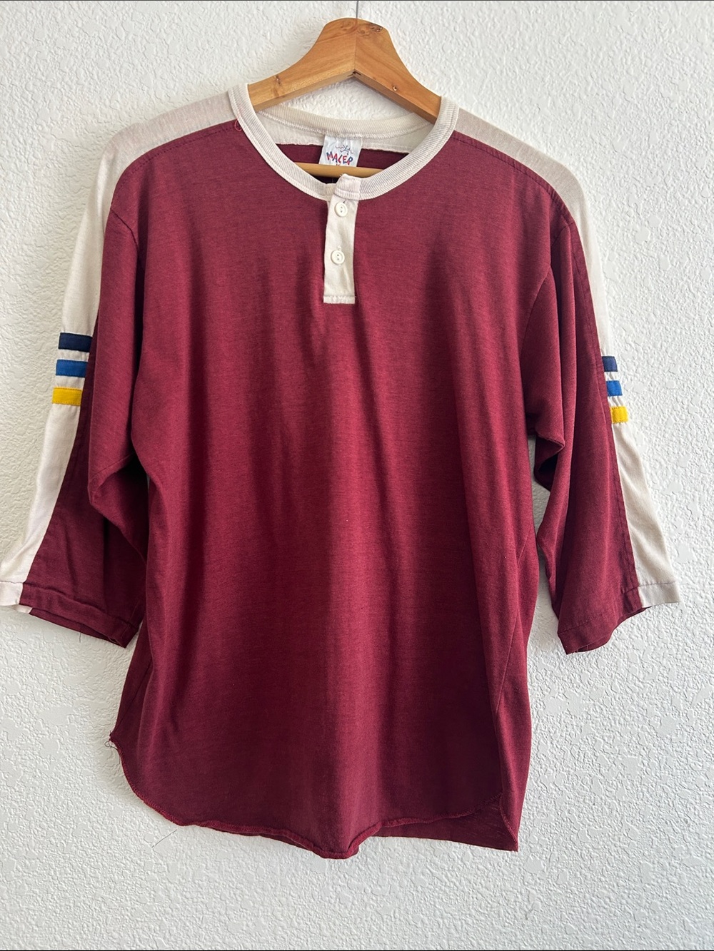 RARE Vintage MALER Henley Baseball Tee Maroon Size M STRIPED 3/4 RAGLAN SLEEVES